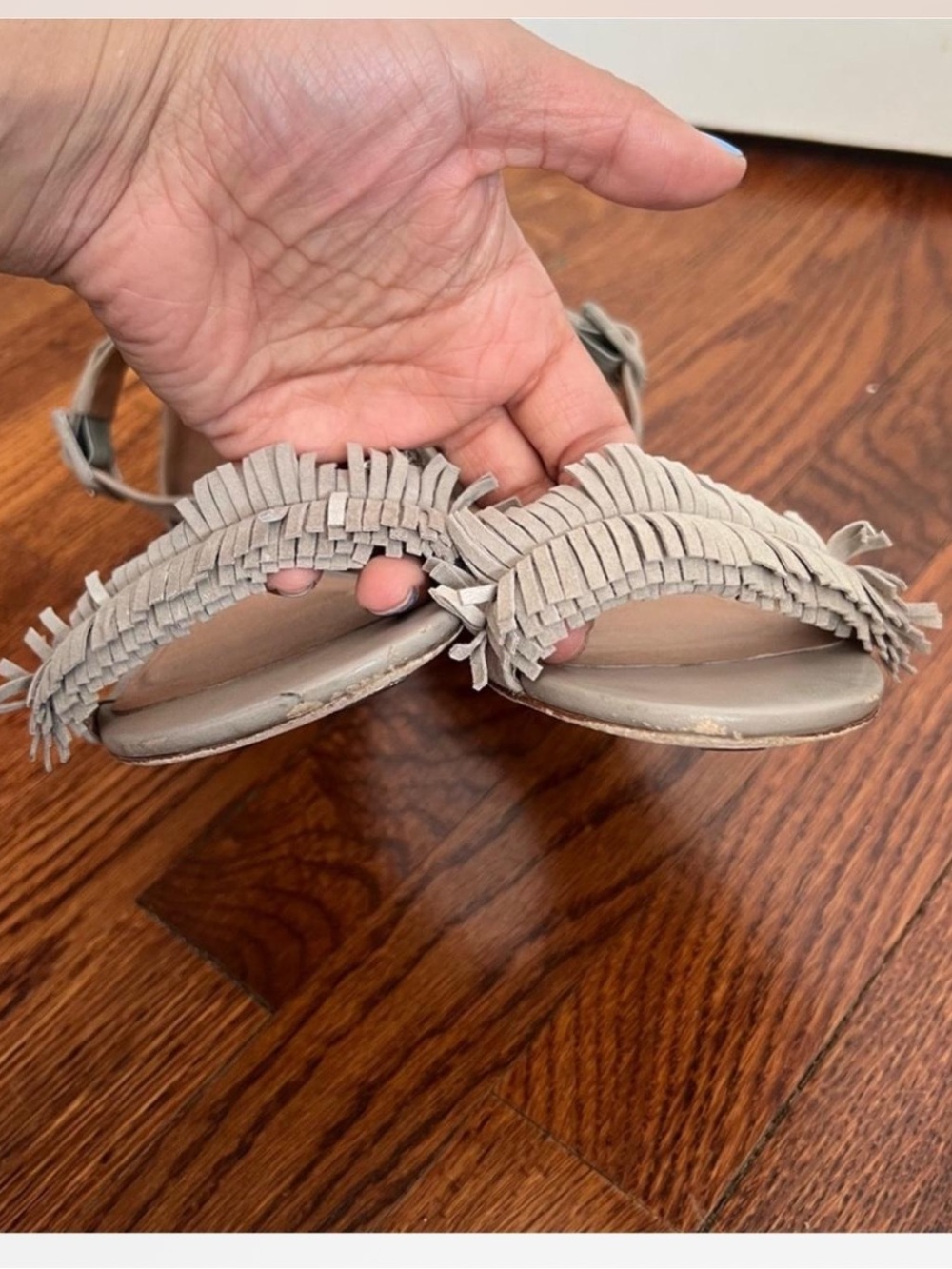 joie taupe gray lyla suede fringe ankle buckle sandals flat - Picture 6 of 8